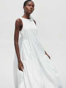 Maija 女士白色超大款层叠荷叶边夏季连衣裙，现代休闲度假装扮，舒适圆领，横向开衩，双层荷叶边长裙，无袖沙滩裙，波西米亚风长裙 - 白色 - 查看 2
