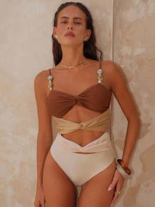 Swim Chiccia Traje de baño de una pieza de mujer con bloques de color calado, elegante y sencillo para resort