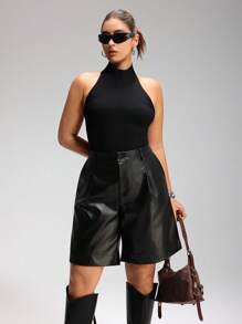 LYSMO Plus Size Spring PU Leather 5-Point Shorts, Simple Fashion Casual Daily Wear - Black - View 5