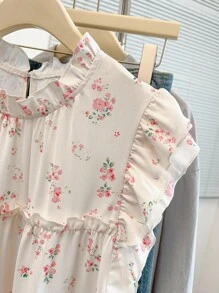 SHEIN Clasi 大尺碼女款度假休閒荷葉邊碎花無袖印花襯衫，夏季休閒襯衫，花卉襯衫，荷葉邊花卉無袖襯衫 - 彩色 - 查看 5