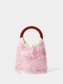 SHECARRY Fashionable & Elegant Sequin Mini Handbag With Wooden Handle - Pink - View 4