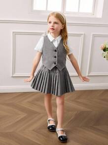 SHEIN 3件套：适合年轻女孩的梭织纯色背心、休闲衬衫和迷你裙 - 灰色 - 查看 3