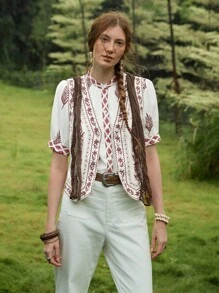 Florisole 波西米亚风刺绣短袖女衬衫，适合休闲度假和外出穿着，春夏季