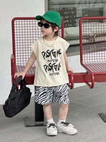 Dazy Kids Kids Fall Clothes, Young Boys Loose Sleeveless Letter Print T-Shirt And Zebra Shorts Set - White - View 3