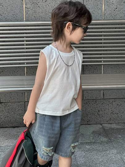 Dazy Kids 两件套男童圆领纯色针织背心+做旧牛仔短裤套装，夏季