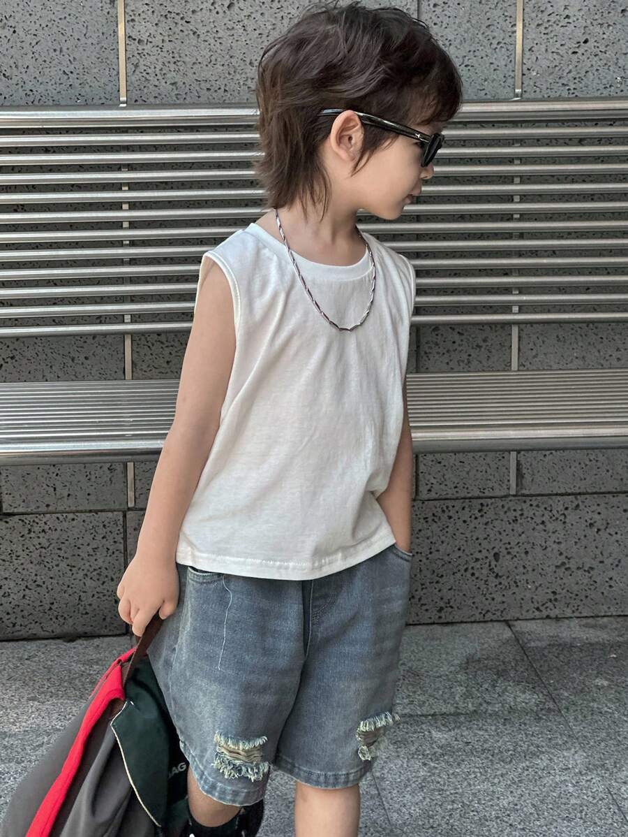 Dazy Kids 两件套男童圆领纯色针织背心+做旧牛仔短裤套装，夏季 - 白色 - 查看 1