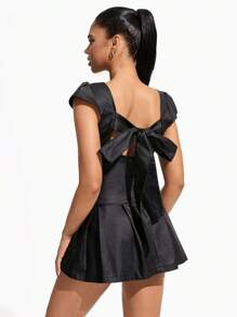 INAWLY Women's Black Bow Design Coated Elastic Bodycon Round Neck Sexy Backless Dress - Black - View 2