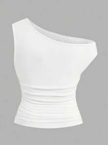 Calvaya 1set Women Plus Size Lace Asymmetrical Neck High Stretch T-Shirt - Black and White - View 8