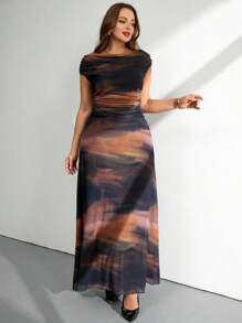 SHEIN Tall CURVE Robe longue avec imprimé tie dye élégante et coupe queue de poisson pour grandes tailles, robes de soirée pour femmes - Multicolore - Voir 6