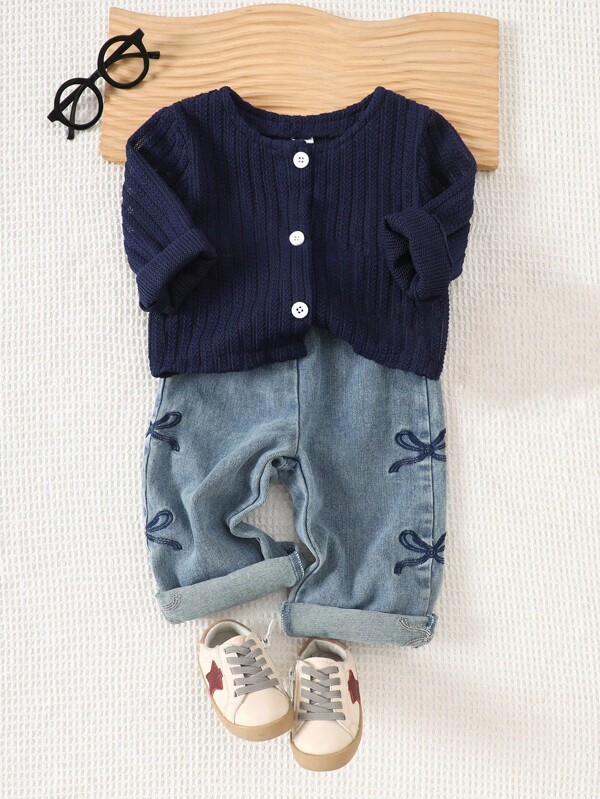 SHEIN Baby Girl Denim Set Adorable Baby Girls Button Down Cardigan And Jeans Outfit For Everyday Wear Fall Winter