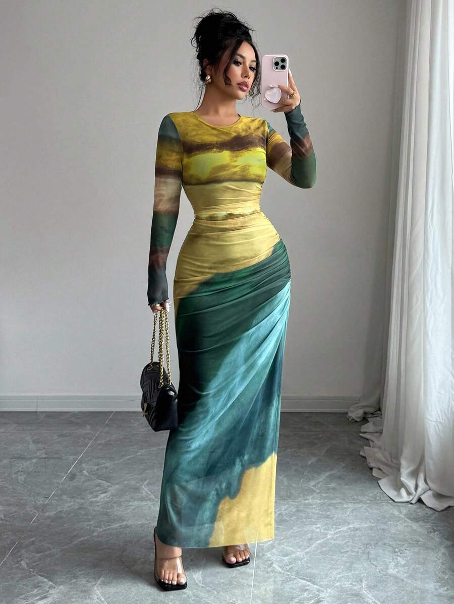 Chiquease 女式扎染褶皱长裙 - 黃色 - 查看 1