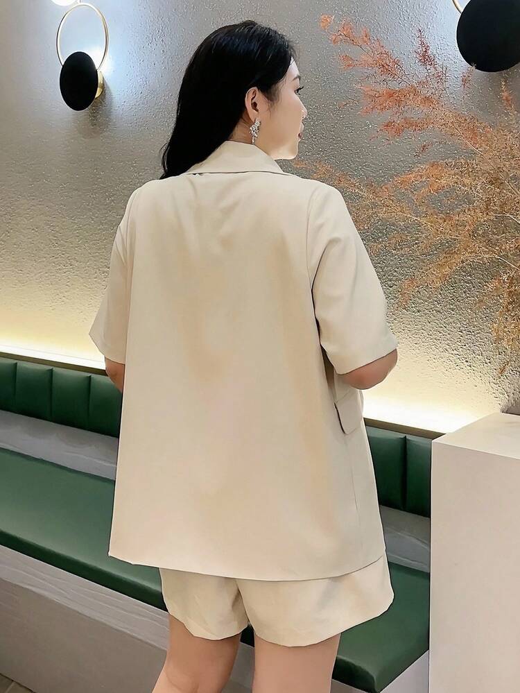 Dazy Plus 2pcs Summer Casual Solid Color Loose Lapel Pocketed Short Sleeve Blazer And Elastic Waist Skort Set, Business & Leisure