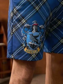 HARRY POTTER X SHEIN 男士夏季休闲宽松格子字母图案抽绳腰侧袋短裤，学院风 - 藏蓝色 - 查看 6