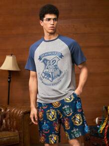 HARRY POTTER X SHEIN 2pcs/Set Men Summer Animal Badge & Letter Graphic Colorblock Raglan Sleeve T-Shirt And Shorts Loungewear Set