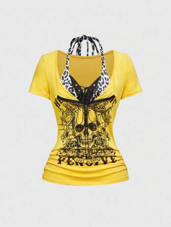 Grunge Punk Concert/Festival Outfits: Cross Pendant, Punk Skull Print, 2 In 1, Leopard Print Patchwork Bodycon Women T-Shirt