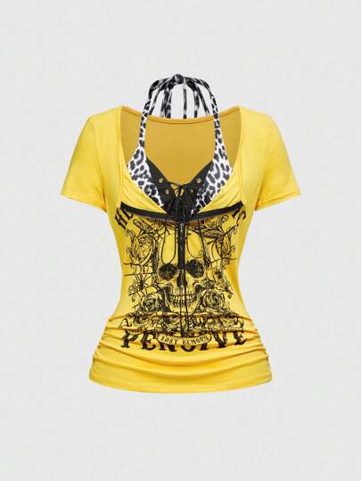 Grunge Punk Colgante de cruz, estampado de calavera punk, 2 en 1, camiseta ajustada de mujer con parche de estampado de leopardo para concierto/festival