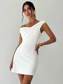 Firerie 女士优雅简约时尚性感日常通勤音乐节度假不对称荷叶边领白色 A 字迷你连衣裙，春夏 - 白色 - 查看 4