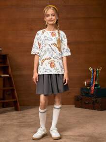 HARRY POTTER X SHEIN Camiseta de manga corta blanca informal y versátil con estampado de búho para niñas preadolescentes en verano