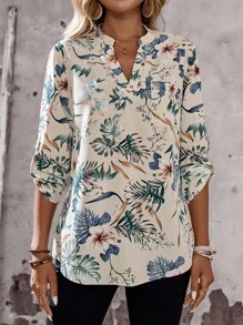 EMERY ROSE 女士度假休闲花卉印花翻领衬衫 - 藍白色 - 查看 4