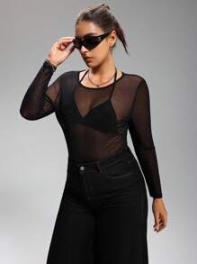 LYSMO Plus Size Sexy Mesh Sheer Long Sleeve Black Bodysuit - Black - View 5