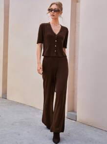 CLARA VERO Conjunto de 2 piezas de mujer con Cardigan de botones dorados y Pantalón de punto de suéter