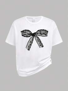 Girlism 青少年女孩两件套：可爱蕾丝蝴蝶结印花短袖 T 恤和喇叭裤，休闲简约夏季服装 - 黑與白 - 查看 4