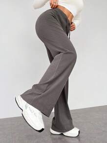 SHEIN EZwear 大码休闲舒适柔软高弹低腰长裤阔腿运动裤女式阔腿裤高腰运动裤 - 灰色 - 查看 3