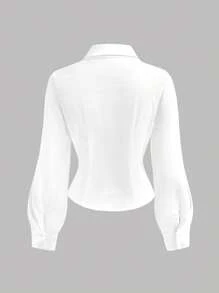 Girlism 青少年女孩 V 领纽扣短款短衬衫，学院风休闲褶皱设计白色衬衫，适合春季、秋季、毕业季、返校季、通勤季 - 白色 - 查看 2