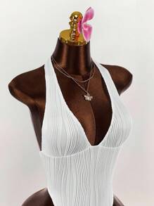 Amplova Deep-V Neck Tie-Dye Textured Bodysuit - White - View 6