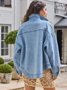 Aralina 女式长袖单排扣口袋牛仔休闲夹克 - 淺色水洗藍 - 查看 2