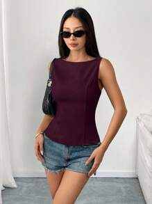 Rafferiza Halloween Solid Color Fitted Sleeveless Open Back Tie Up Bow Camisole Top, Elegant Casual Sexy Minimalist Office Business Wear, Spring/Summer Open Back Tops Bow Top Women Tie Back Top Classy Top - Burgundy - View 6