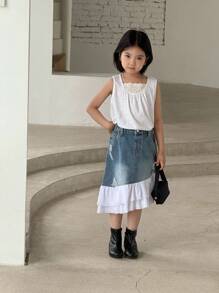 SHEIN 年轻女孩牛仔纯色简约日常牛仔布与网眼撞色 A 字裙、约会夜裙、感恩节、可爱裙、狂欢节、早午餐女士、秋季裙、约会夜裙 - 淺色水洗藍 - 查看 6