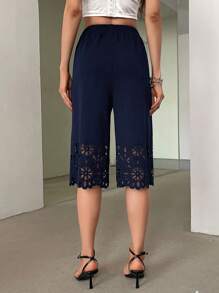 Women's Loose Burn-Out Capri Pants, Elegant Casual Shorts - Navy Blue - View 2