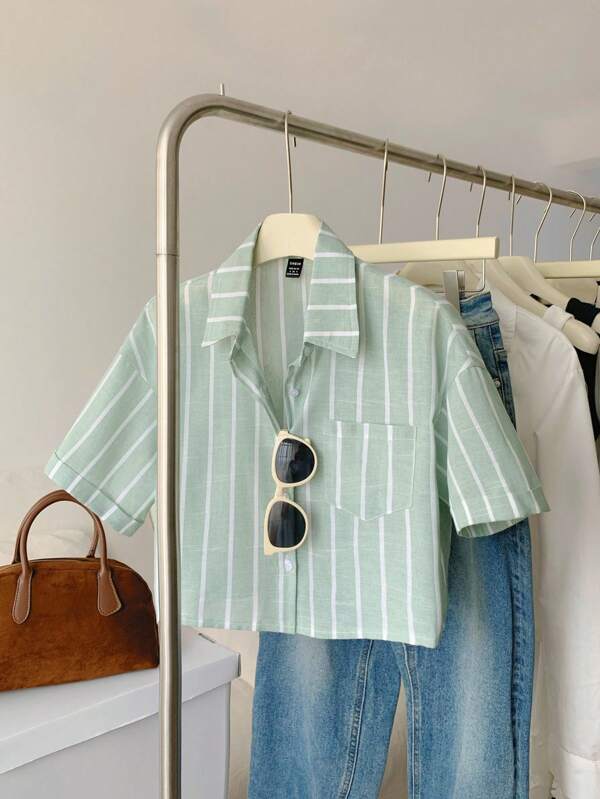 Flirla Striped Cropped Fashionable Loose Casual Turn-Up Sleeve Short Sleeve Women Blouse