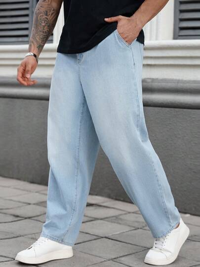 Manfinity Homme جينز كاجوال بقصة رجالي مستقيم فضفاض، بلون أزرق فاتح، مقاس كبير، بتصميم أمريكي لكل الفصول