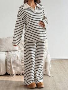 SHEIN Autumn And Winter 2pcs Maternity Casual Striped Loose Batwing Long Sleeve Top And Pants Sets