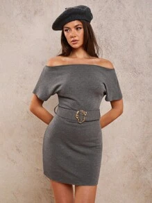 COSMINA Women's Elegant Solid Color Off-Shoulder Mini Dress - Grey - View 1