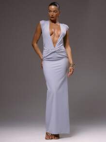 MUSERA 深V褶皱细节弹力春夏长裙性感夏季伊比沙岛度假可爱度假婚礼宾客秋季夜间外出婚礼宾客优雅约会之夜长裙 - 淺灰色 - 查看 1