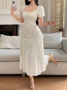 Vestido de unicolor elegante, con patchwork de encaje, para el verano