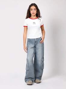 SUMWON Youth Cargo Denim Pants Loose Baggy Y2K Streetwear Festival Wide Leg Utility Jeans Fall Winter Casual Everyday Pant