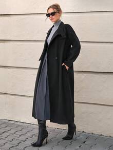 CLARA VERO Asymmetrical Collar Extra-Long Overcoat Winter Coat Women Black Coat Women Long Black Coat Modest Coat Womens Black Outerwear - Black - View 5