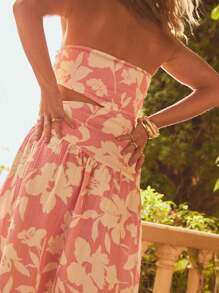 Aralina Floral Print Strapless Ruched Cutout Summer Gathered Bodice Maxi Dress - Multicolor - View 6