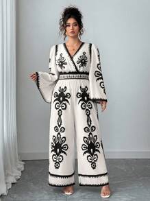 Elenzga Damen Große Größen V-Ausschnitt Langarm Jumpsuit mit Kordelzug Taille und Muster, elegante Outdoor-Bekleidung