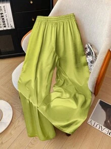 Franclia Plus Size Satin Drawstring Tie Waist Straight Leg Pants Fall Cloth For Women - Green - View 2