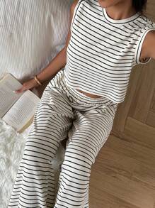 CovetEZ Ensemble 2 pièces pour femmes, Top de débardeur rayé et pantalon, décontracté