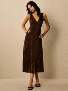 Poéselle 棕色缎面连衣裙，女士优雅纯色纽扣前开襟中长连衣裙，夏季棕色中长连衣裙，棕色缎面连衣裙，棕色V领连衣裙，棕色纽扣连衣裙，巧克力棕色连衣裙，简约时尚，复古风格，面料顺滑，适合日常穿着、外出、通勤、度假、约会、派对、宴会等各种场合。 - 咖啡棕 - 查看 3