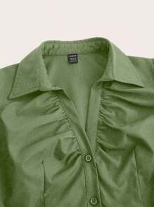 Sweetra Áo cánh tay ngắn hở ngực cổ chữ V bo gấu dành cho nữ (Cân nhắc tăng kích cỡ nếu ngực lớn), thời trang và đa năng cho công sở - Màu xanh Ô liu - Xem 5