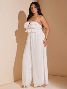 SHEIN BAE Tuta larga con volant a strati elegante, taglio ampio, con canottiera, per donna taglie forti, casual per uso quotidiano/spiaggia, primavera/estate vacanza