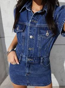 SHEIN PETITE 女式夏季短袖单排扣休闲牛仔连衣裙 - 藍色 - 查看 3