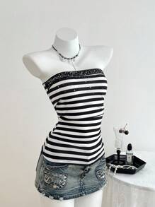 Elamini 女士休闲条纹水钻装饰抹胸上衣